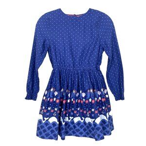 Mini Boden Girls 9 10 Y Dress Long Sleeve Whales Mermaids Blue Lined Polka Dot